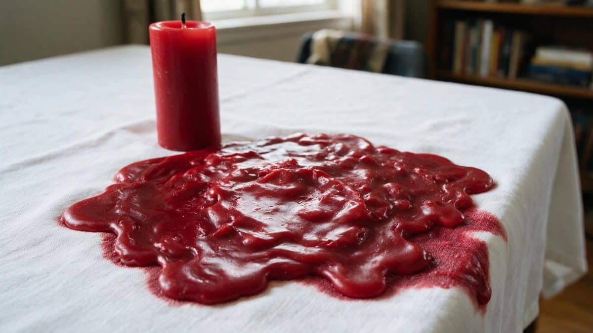 A hardened pool of red candle wax set into a white cotton tablecloth