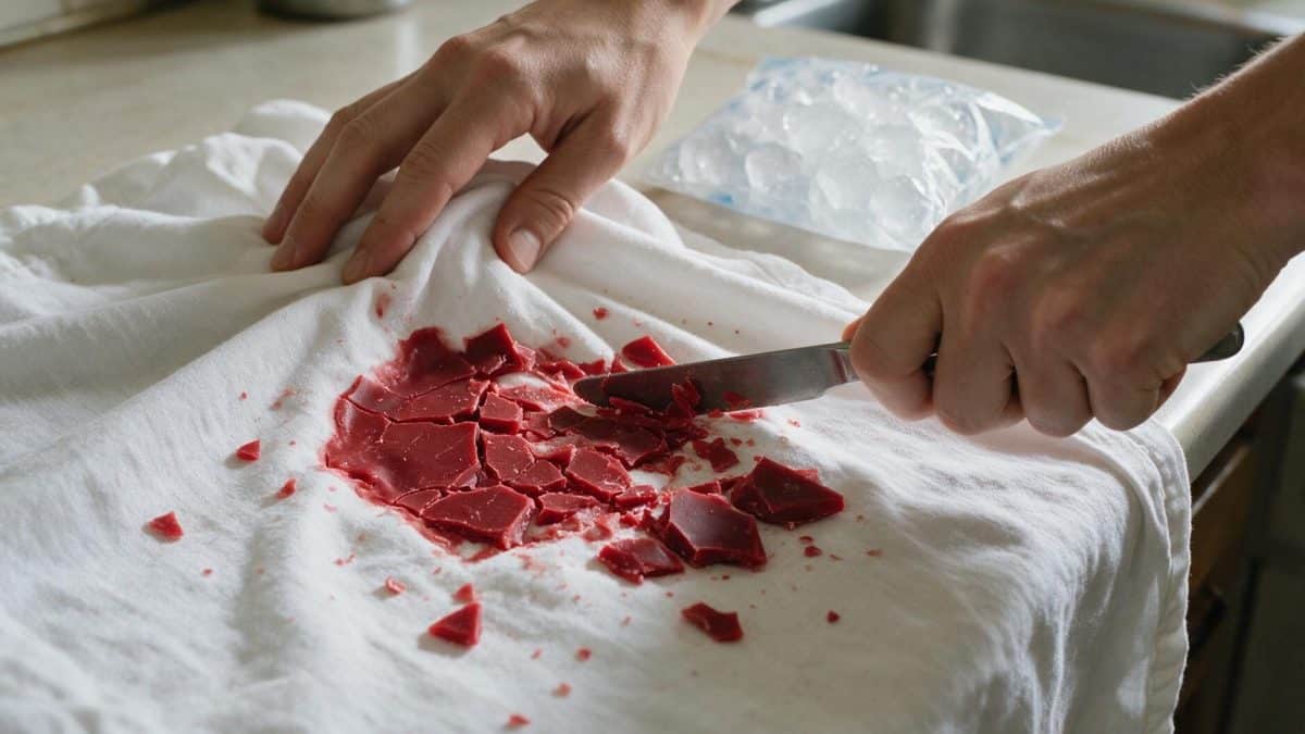 Hands lifting cracked red wax chips off white cotton with a dull table knife