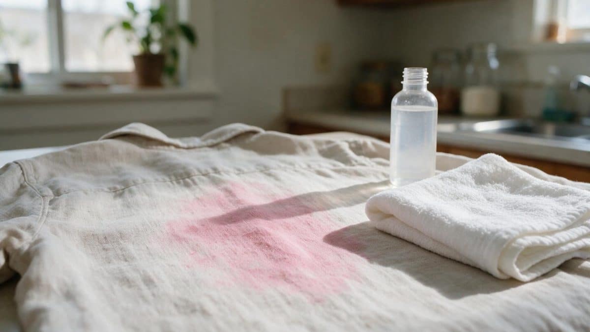 A pale linen shirt with a faint pink dye shadow beside a white cloth