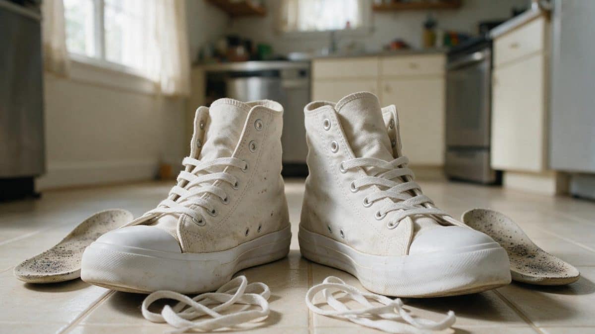 White cotton canvas high-top sneakers on a kitchen floor beside removed insoles and laces