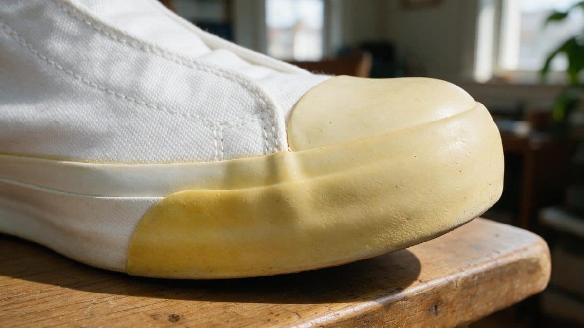 Close-up of a vulcanised rubber toe cap gone yellow against still-white cotton canvas above