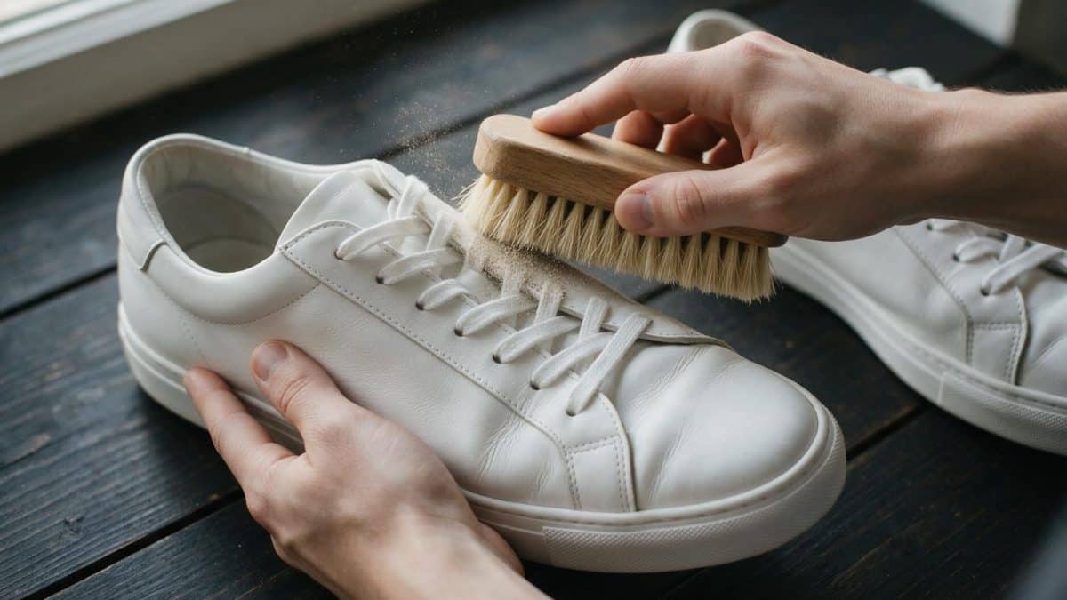Two hands holding a white leather sneaker and a wooden-handled shoe brush over a dark wooden surface