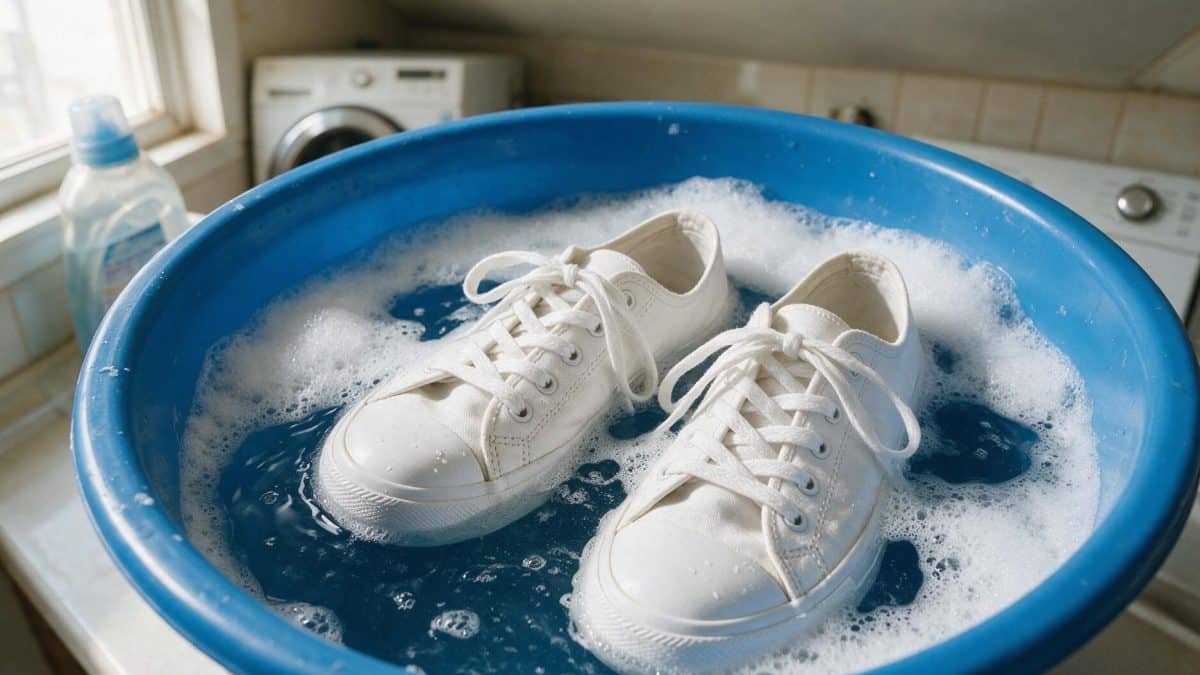 A pair of white sneakers sitting in a blue basin of soapy water, seen from above