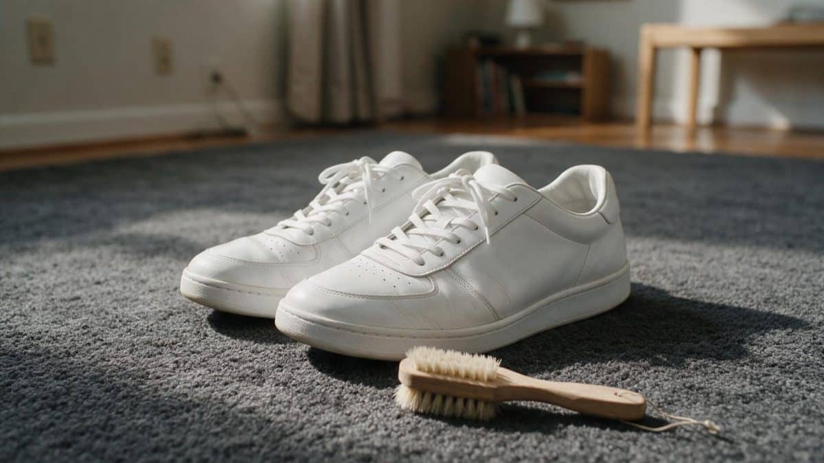 Two white leather sneakers on dark carpet beside a small wooden scrubbing brush
