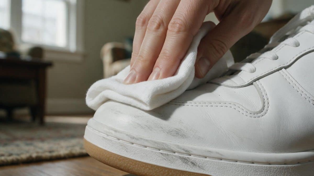 A hand pressing a white cloth against the scuffed toe of a white leather sneaker