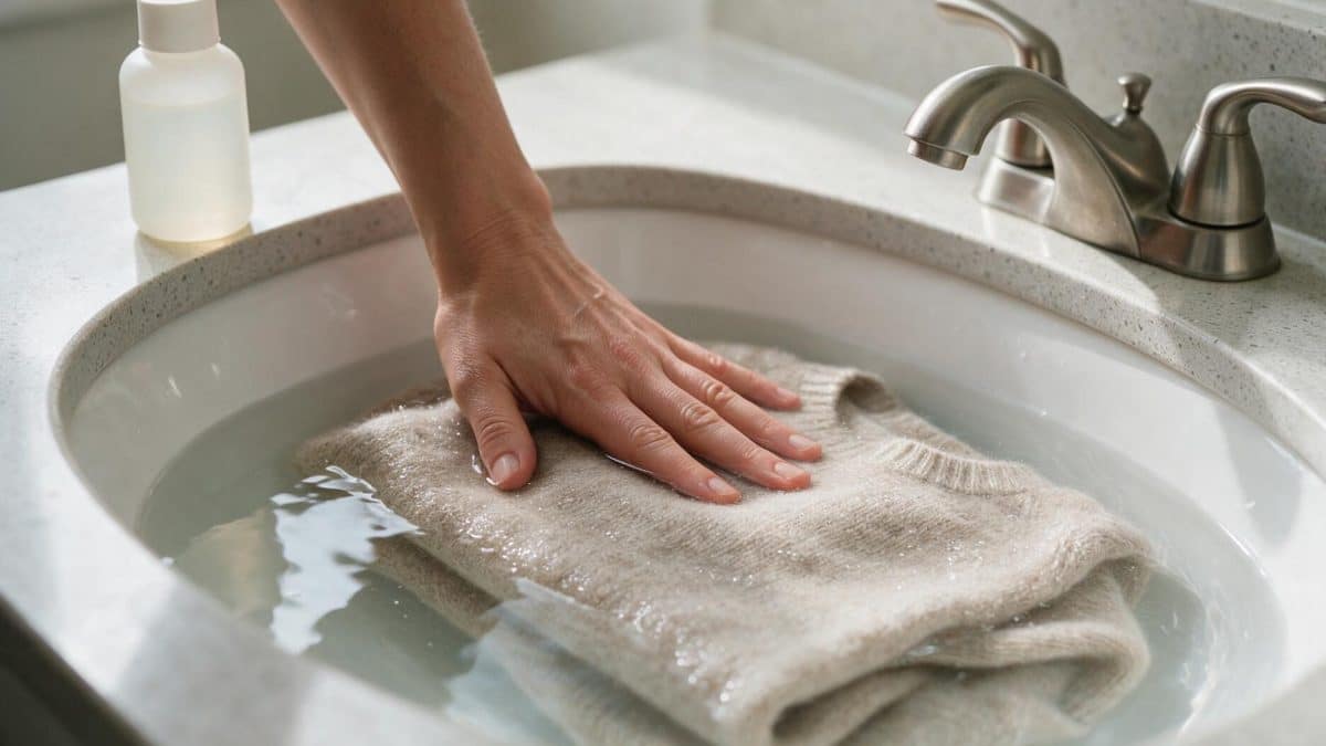 A flat palm pressing a merino wool sweater under still lukewarm water in a sink