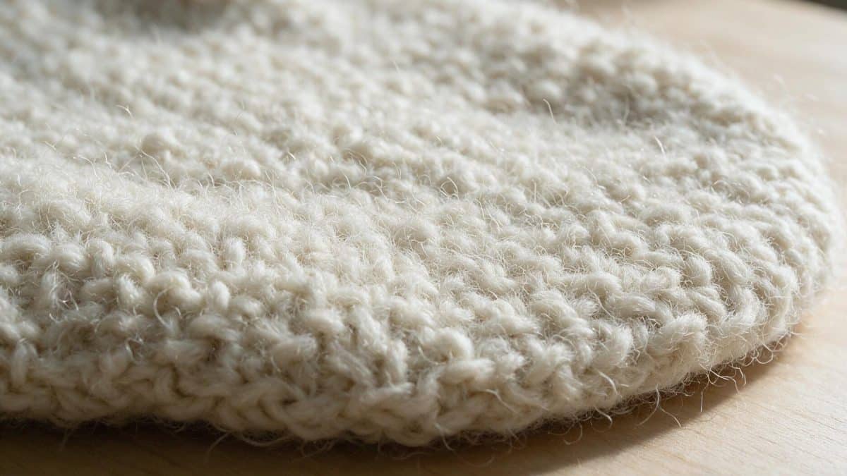 Macro view of thick matted wool knitting, the stitches closing under a dense fuzzy surface