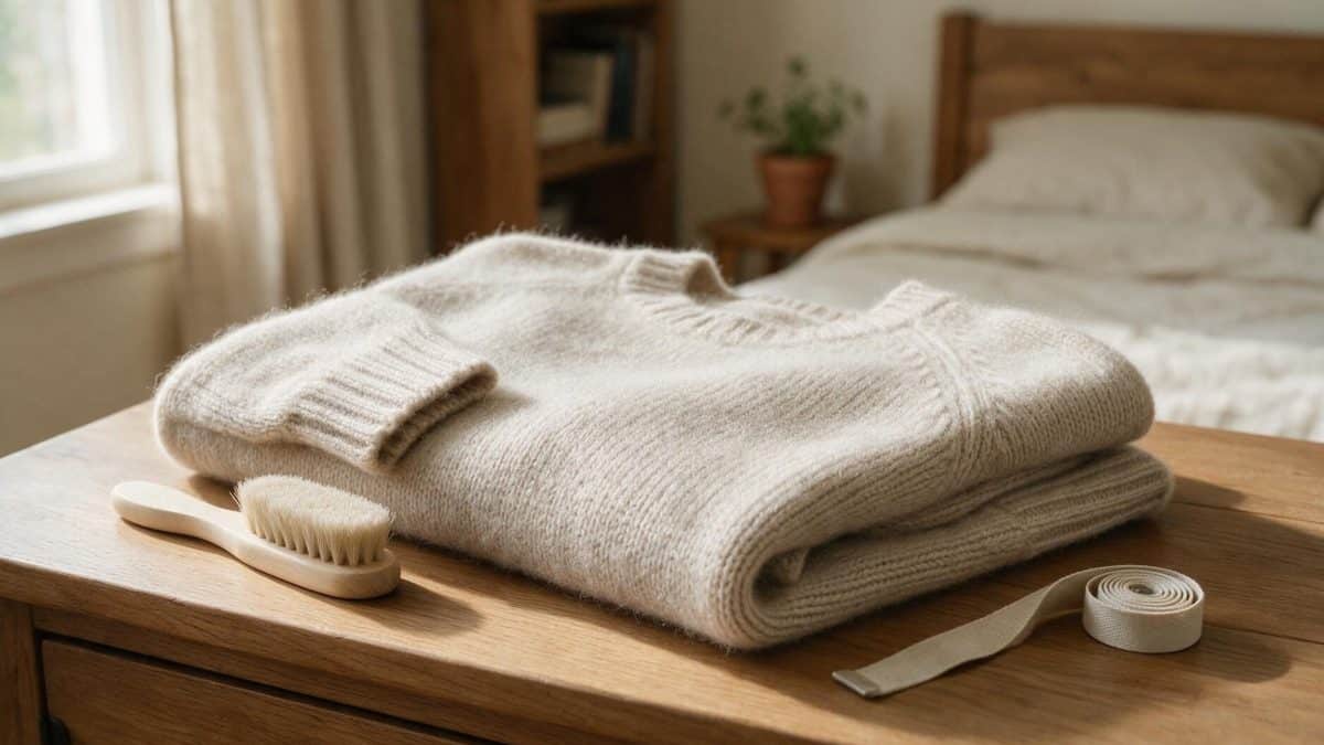 Folded oatmeal merino wool sweater on a wooden dresser beside a garment brush and tape measure