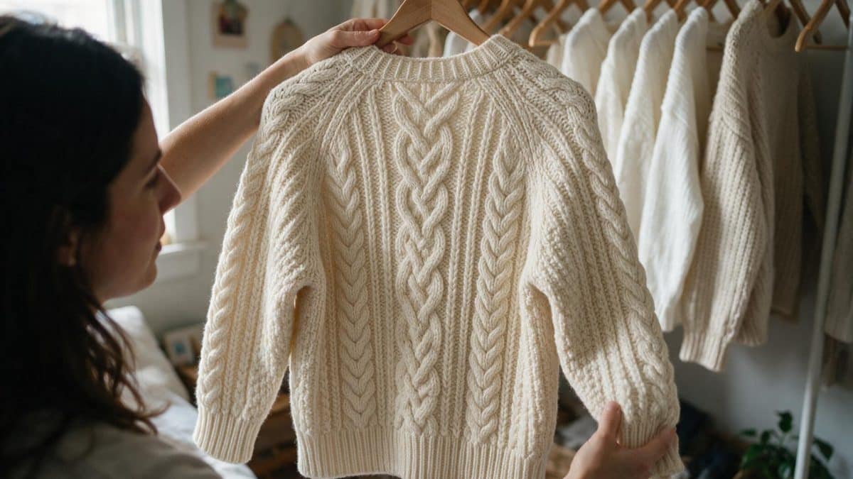 Woman holds a cream cable-knit cardigan on a hanger beside a home clothes rail