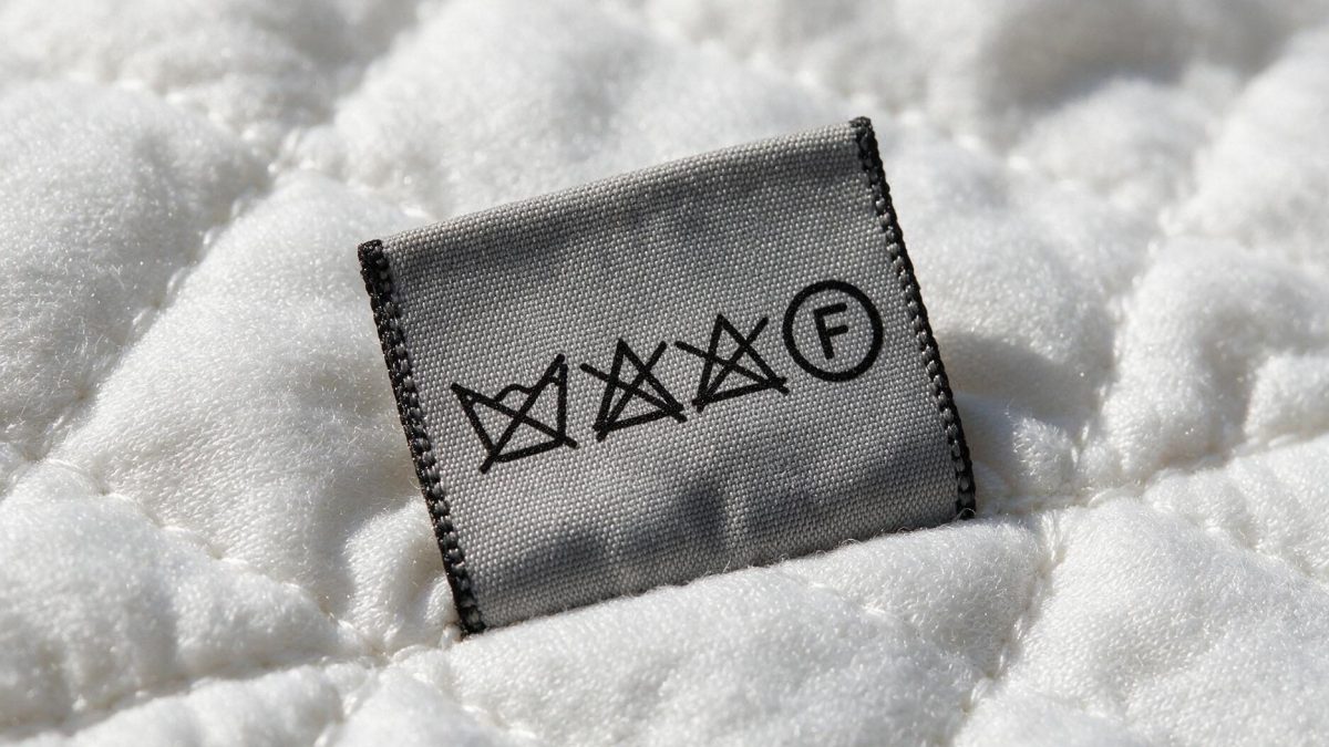 Close-up of a sewn care label showing crossed-out wash symbols and a circled letter F