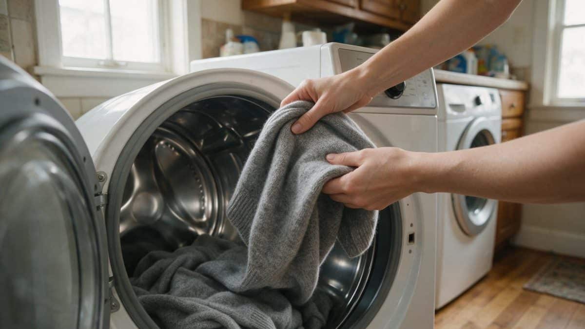 Hands lower a grey knit garment into the open drum of a front-loading dryer