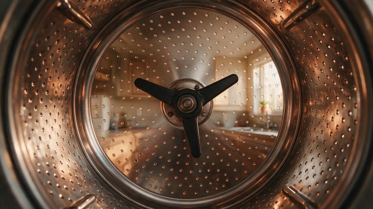 Inside a tumble dryer drum, warm light on the perforated steel back plate and three-vane paddle