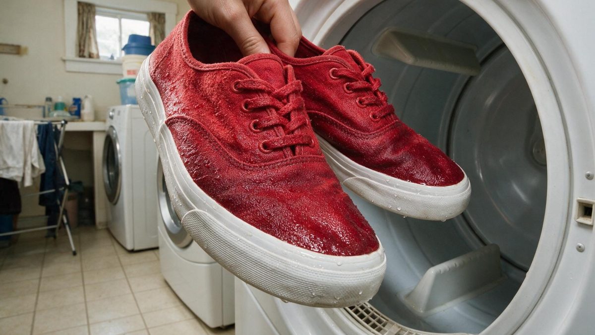A hand lowering a pair of red canvas sneakers into an open dryer drum