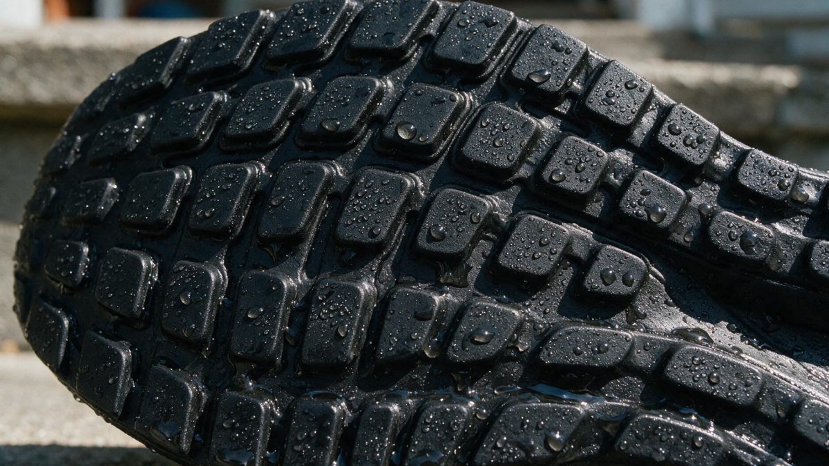 Close-up of a black rubber shoe outsole covered in beads of standing water