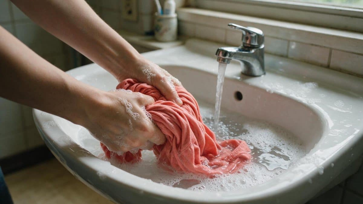 Two hands rubbing a coral garment in a white sink filled with soapy water