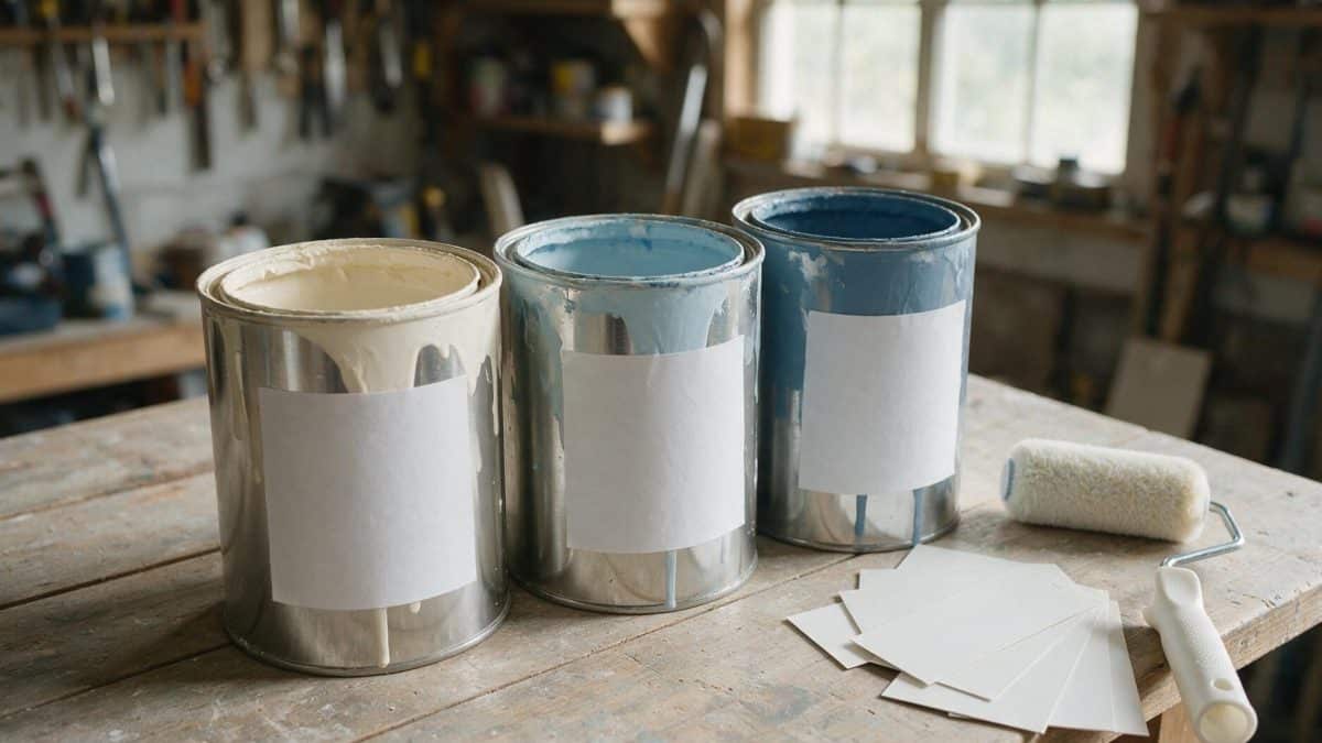 Three open paint tins with blank labels beside a roller and paper colour swatches