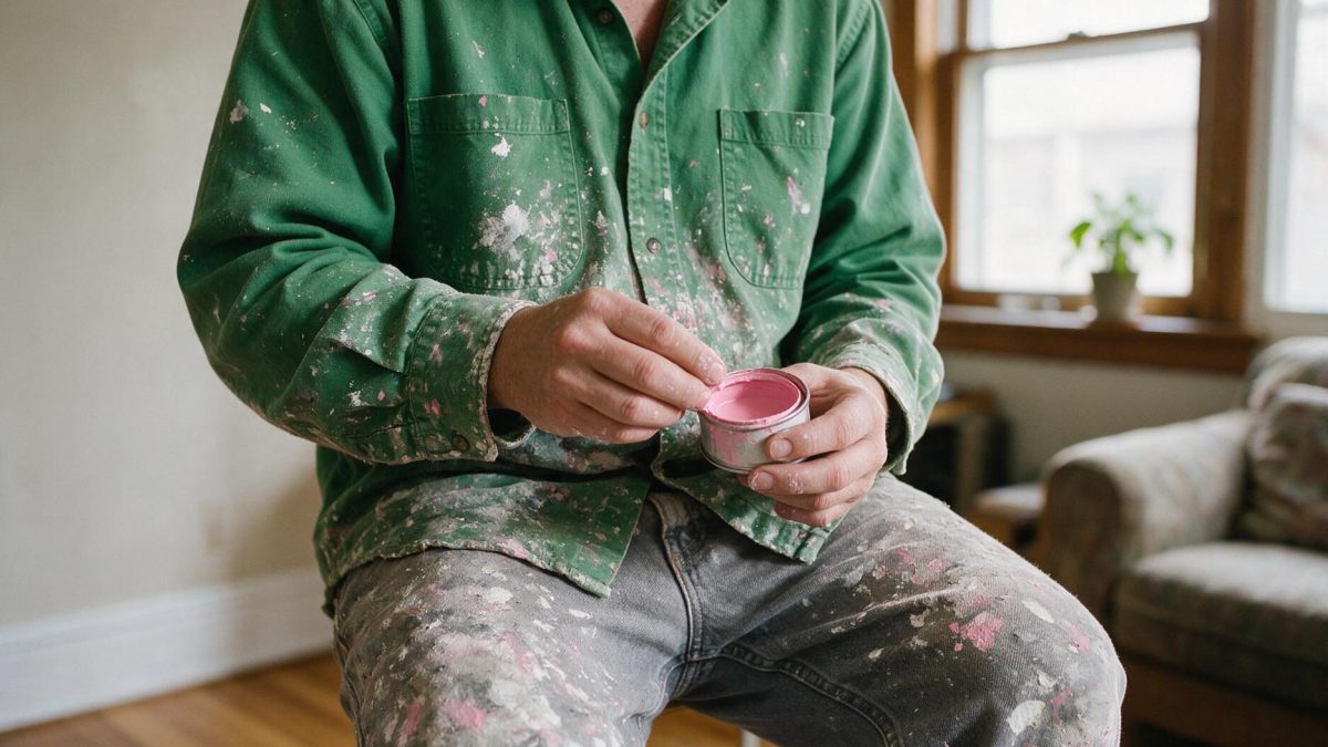 Person in paint-splattered green shirt and grey jeans holding a small pink paint tin indoors