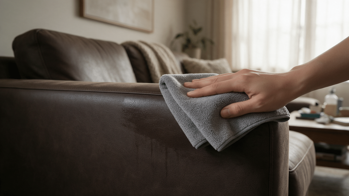 A hand wiping a folded grey microfiber cloth along the top edge of a dark brown faux leather couch armrest