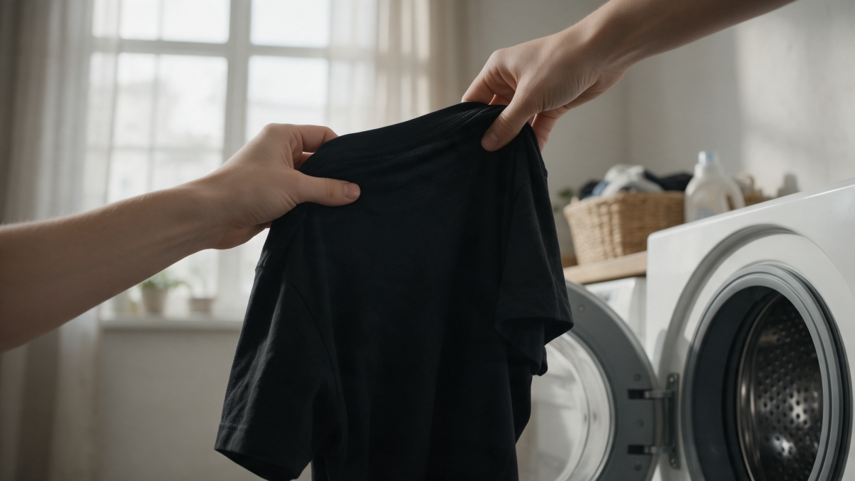 Two hands holding up a plain black t-shirt in front of an open washing machine in a sunlit laundry room